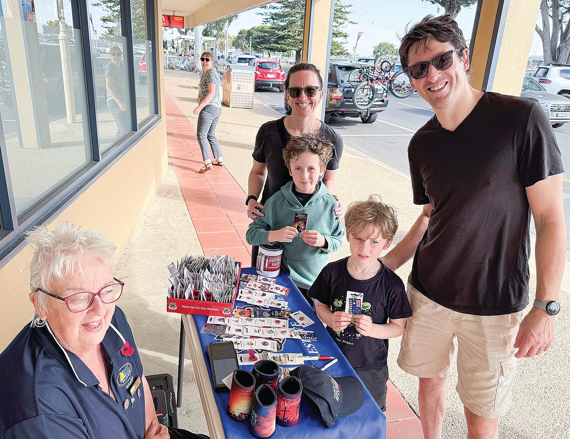 Stopping off to purchase their ANZAC Appeal badges and support the RSL’s welfare efforts ahead of ANZAC Day this Friday, April 25 were San Remo visitors Mark, Lachie, Oliver and Jane with Phillip Island RSL volunteer Sue Dibley.