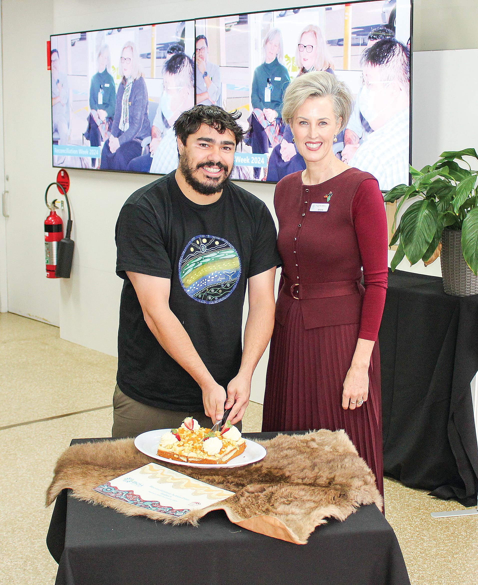 Dion Triptree, Co-Chair of BCH’s First People’s Advisory Committee, and BCH Interim CEO Simone Alexander cut a cake celebrating the launch of BCH’s Reconciliation Action Plan.