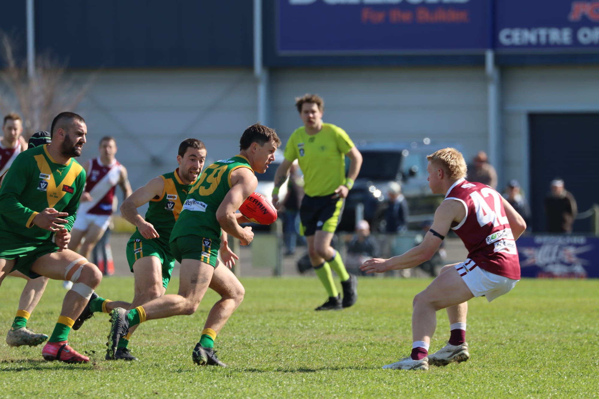 Leongatha’s Aaron Heppell gets set to take on Traralgon’s Cooper Brown.