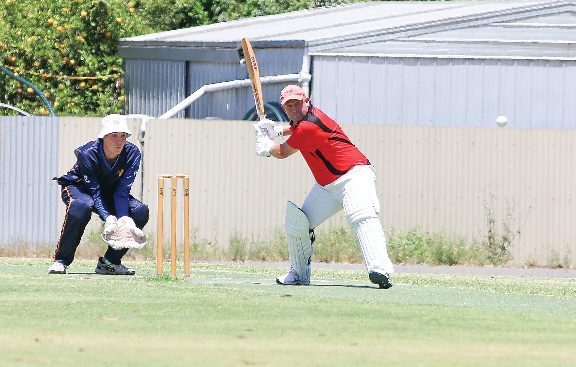 Nerrena batsman Damien Symmons prepares to smack another ball on his way to a ton. Tk13_5224