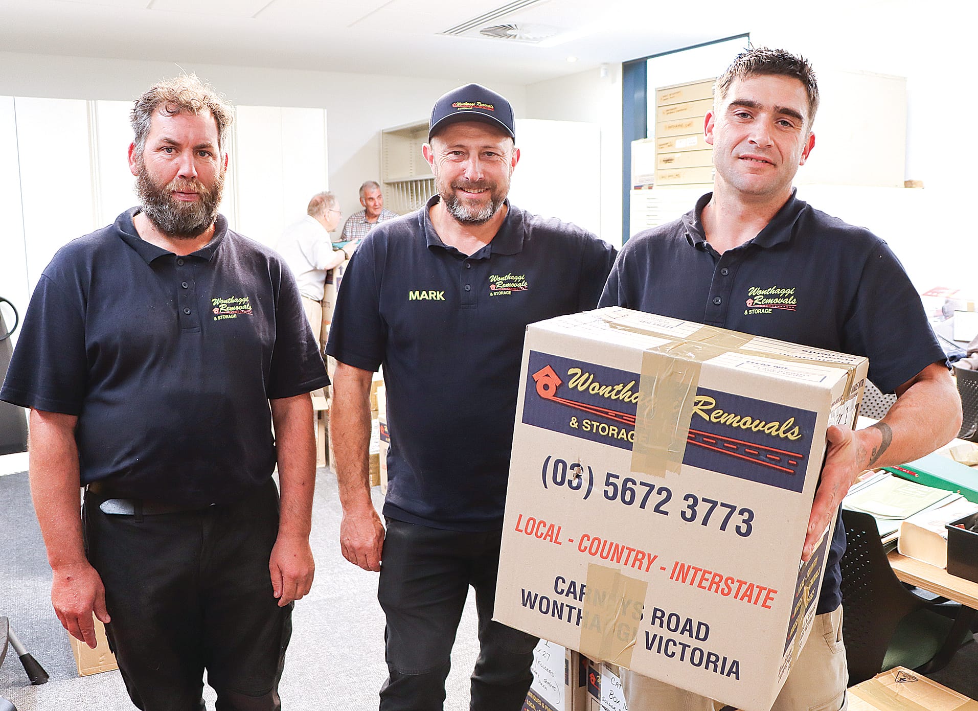 Darrin Pors, Mark Blackburn and Jesse Miller of Wonthaggi Removals & Storage have enjoyed playing a major role in the safe delivery of the collections of the Korumburra Historical Society and local Myli Library branch. A07_4223