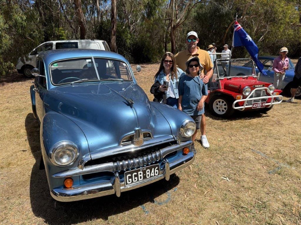 Holiday weekend visitors Desa, Ken and Ethan Fitzpatrick found their way to the Rhyll Australia Day celebrations and this classic FJ Holden.