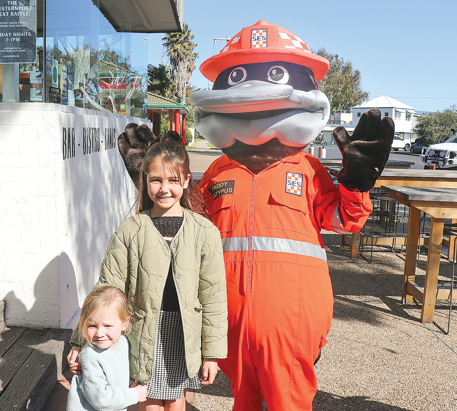 The SES mascot Paddy Platypus strolled the San Remo foreshore at the Tidal Festival, pictured with Chantai and Tallow. Z12_3823