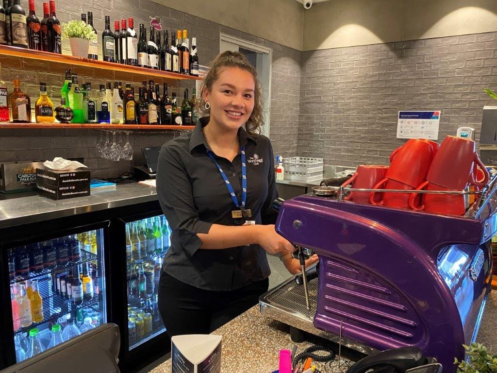 Whether it's coffee, beer, wine, mixed drinks or a food order, you'll get a friendly smile from the bar and bistro staff at The Wonthaggi Club including Tessa Hubble.
