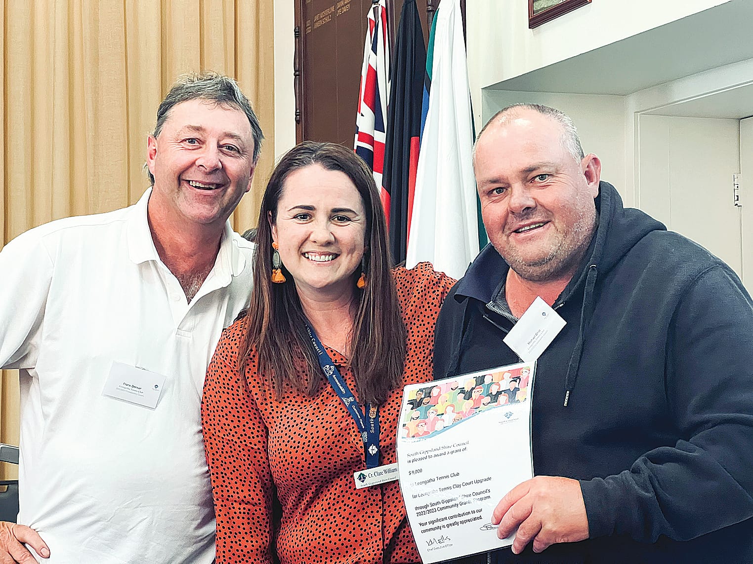 Frank Dekker and Michael Grist of Leongatha Tennis Club with deputy mayor Clare Williams.