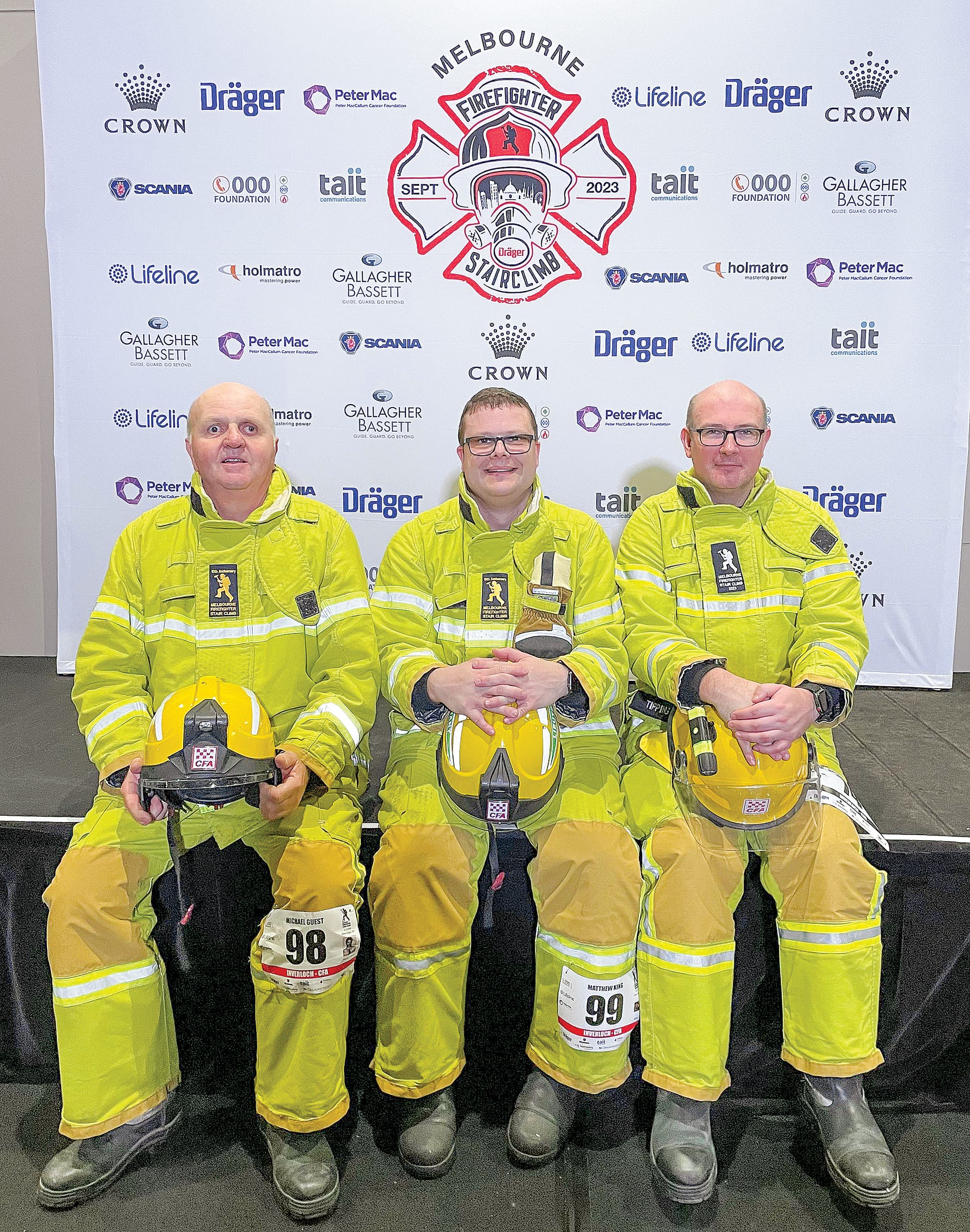 Inverloch CFA’s Michael Guest, Matthew King and Hayden Tipping completed the Melbourne Firefighter Stair Climb on Saturday.