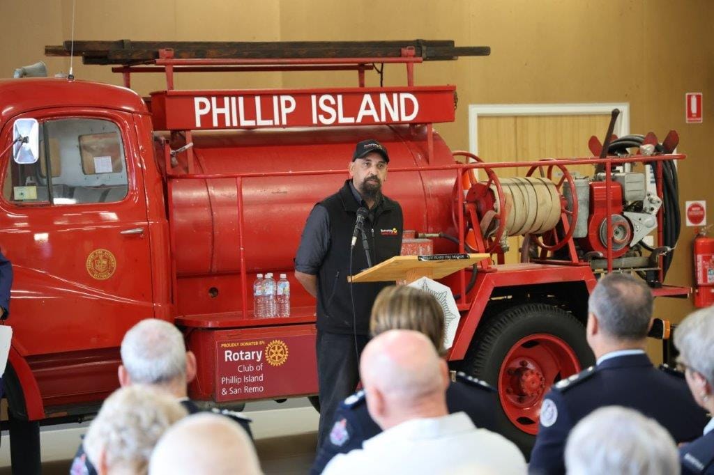 Mark Brown from the Bunurong Land Council did the Welcome to Country at the fire station opening in Cowes recently.