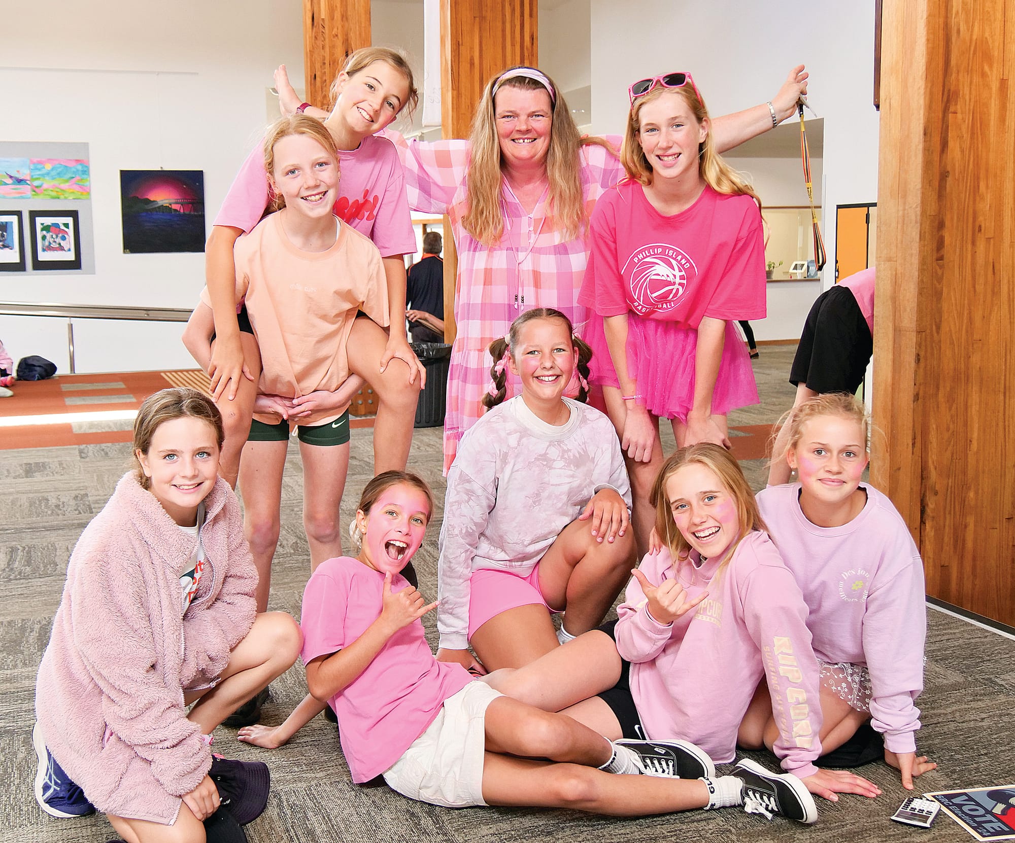 Newhaven Year 6 students enjoyed getting into the spirit of ‘pinking up’. From left, back, Evie Kimber, Lulu van der Walt, Ms Melanie Flower, Alice Martindale; front, Heidi Szymanski, Ella Herbert, Addison O’Connor, Frances Leary and Ivy Addison.