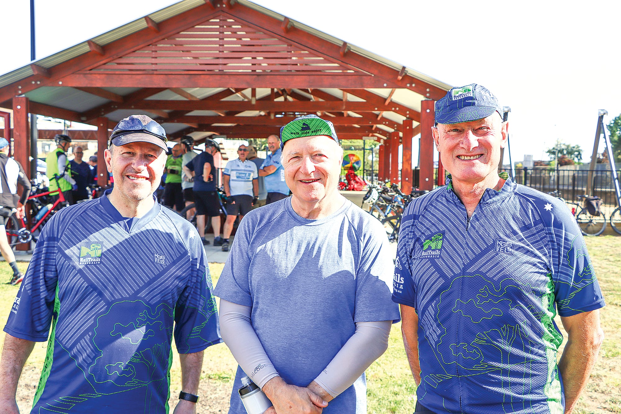 Alan Abrahams, Robert Zucker and Steven Kaye of Rail Trails Australia enjoy a break in Leongatha. A10_0925