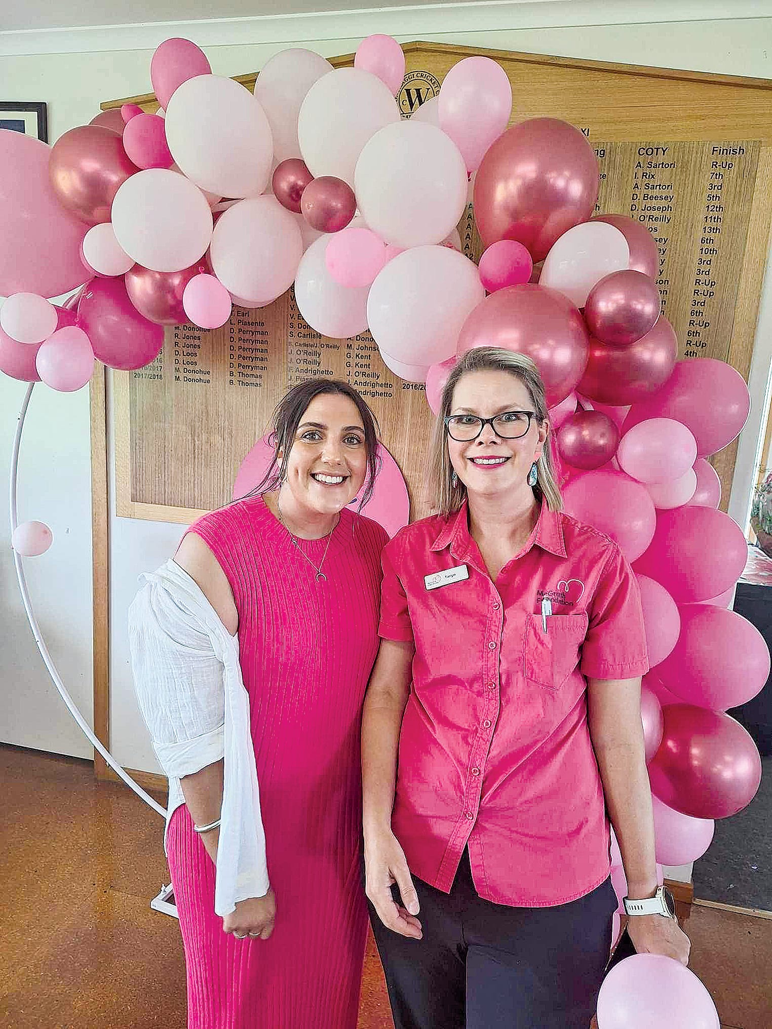 Pink Stumps Day hostess Jade Ray-Angarane with guest speaker from the McGrath Foundation Taryn Robinson.