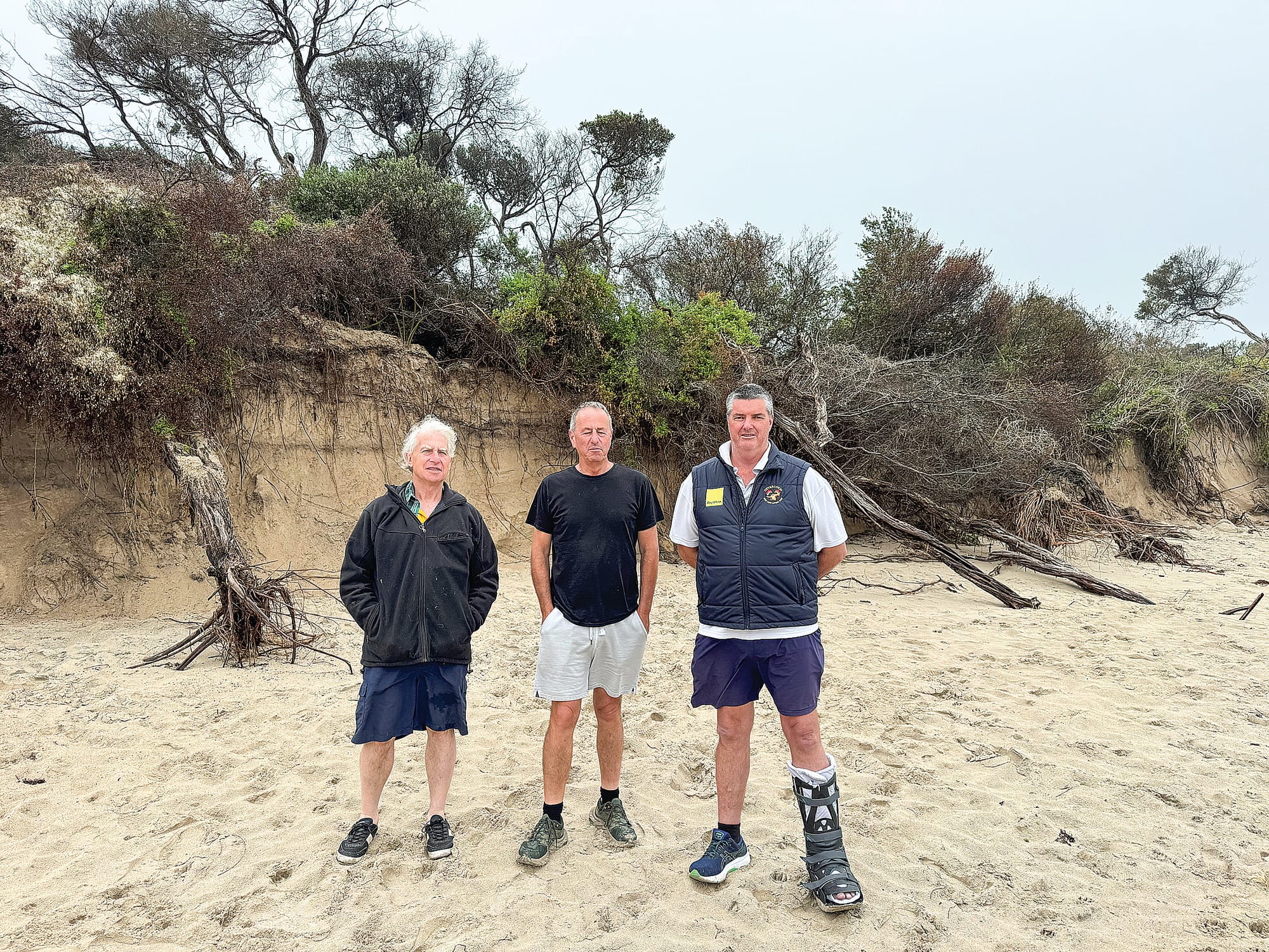 Members of an Inverloch beach erosion coalition, including Ed Thexton president of the South Gippsland Conservation Society, Glen Morris president of the Inverloch Tourism Association and Steve Duncan treasurer of the Inverloch Surf Lifesaving Club have backed a plan to make access to the beach safer this summer.