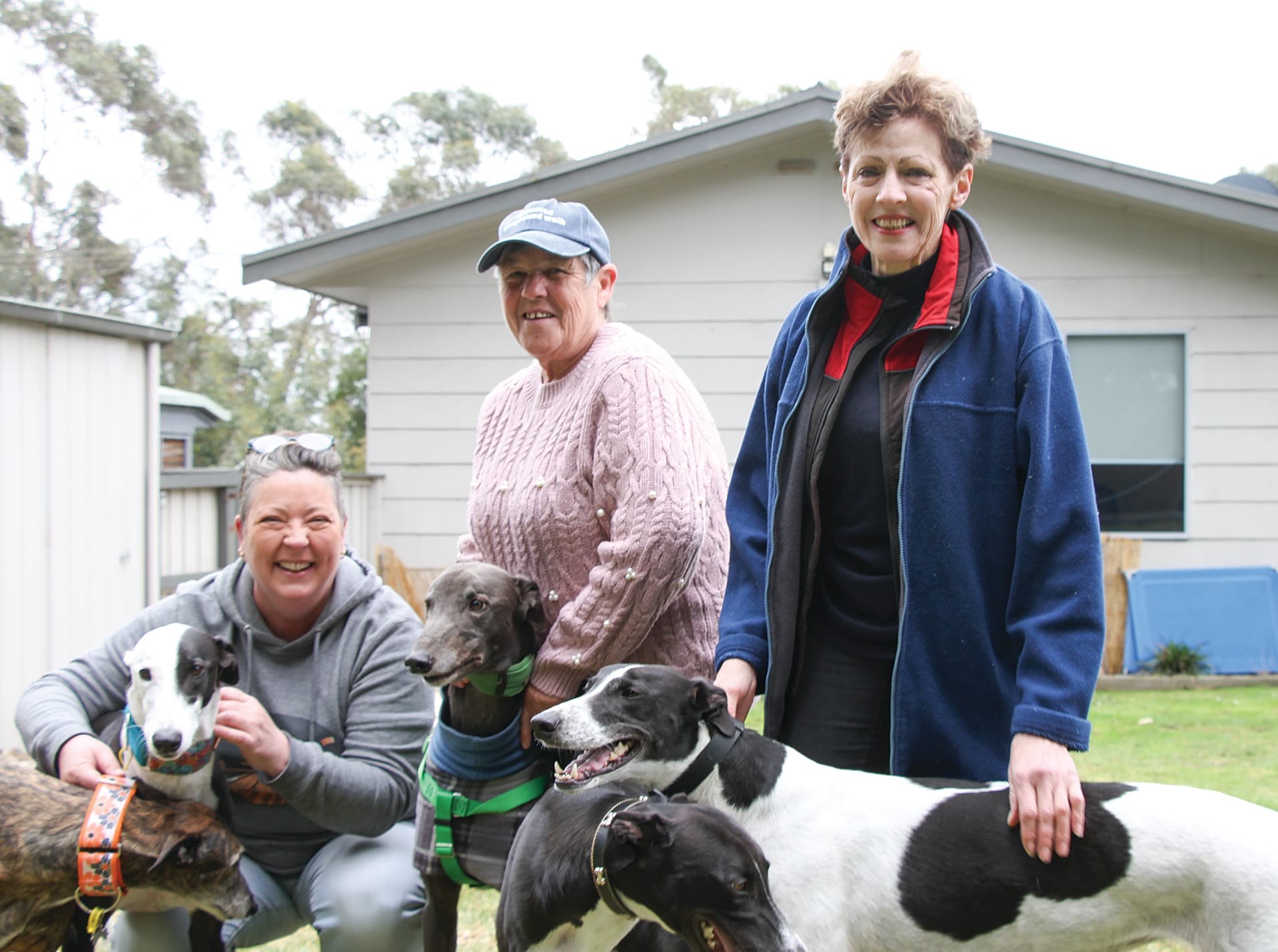 Inverloch greyhound walkers Glenda Conlan and Sharon Kraehenbuehl with Carolyn Handley from Bena. B18_3924