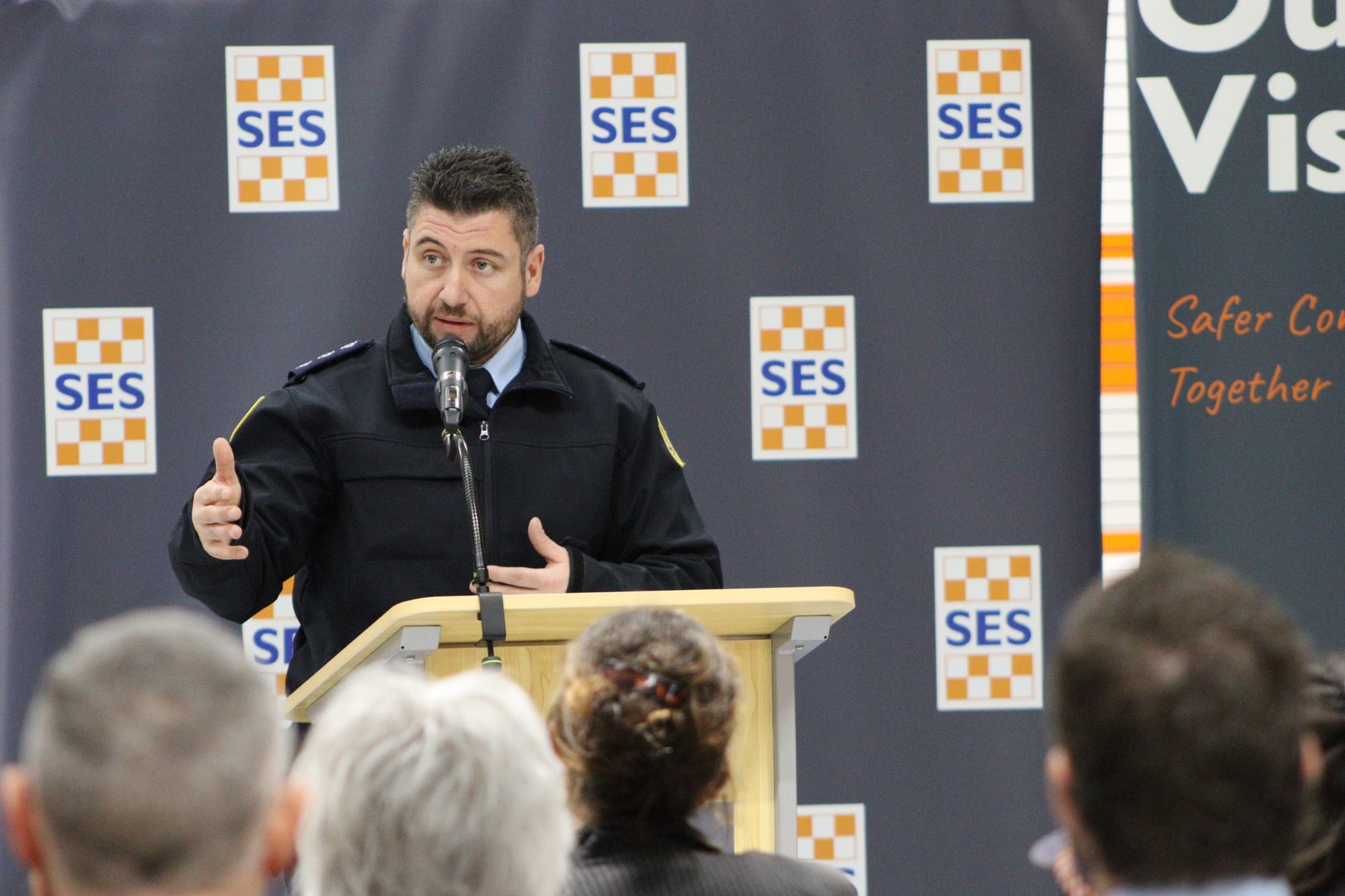 Wonthaggi SES Unit Controller Jarrod Hargreaves speaks on the history of the Wonthaggi SES unit at the official opening of the new White Road unit. 