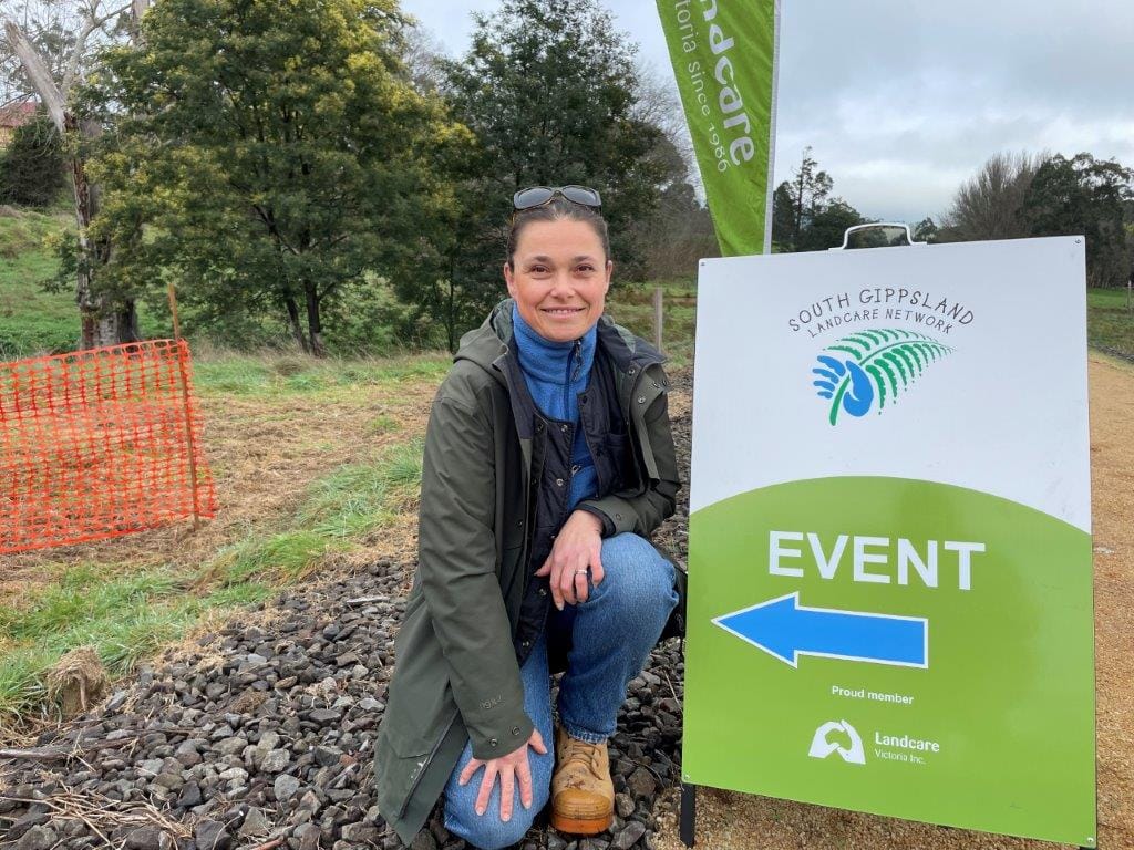 Western section of South Gippsland Landcare Network facilitator Jane McKenzie-Smith makes helped coordinate the planting day at Jeetho on Sunday.