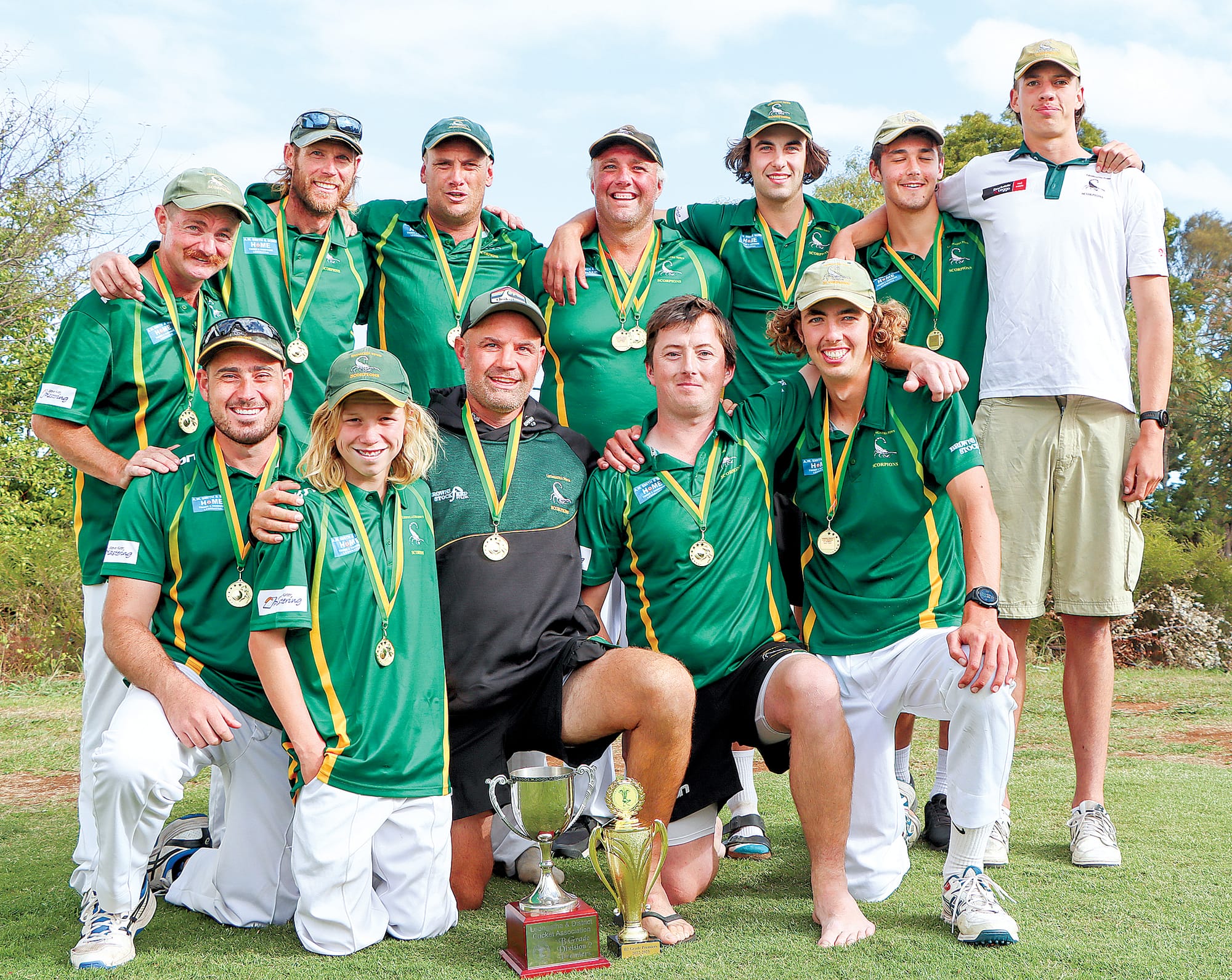 Leongatha Town’s B2 premiership team enjoy their accomplishment. Back row: Luke Ashton, Colin Bruce, Josh Schelling, Matt Davies, Levi Hickey, Lachlan Gill and Wil Dawson. Front Row: Lachie May, Ethan Smith, Mark Hardy (captain), Davern Goss, and Noah Fixter.  Luke Bowman was absent for photo. A28_1323