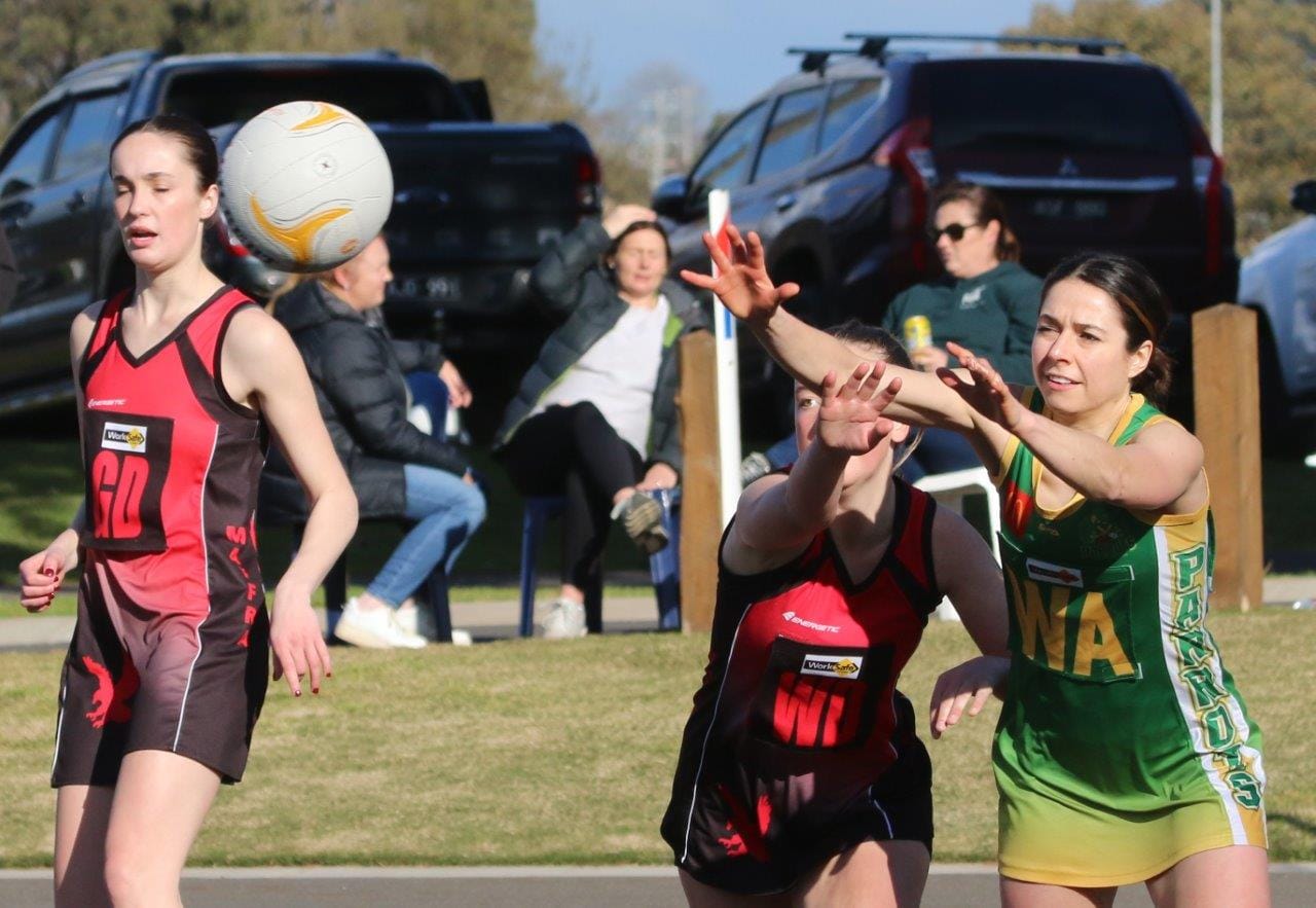 Leongatha's wing attack Jade Cashin makes good position to take the ball midcourt for the A Grade Parrots on their way to a 57-32 victory..