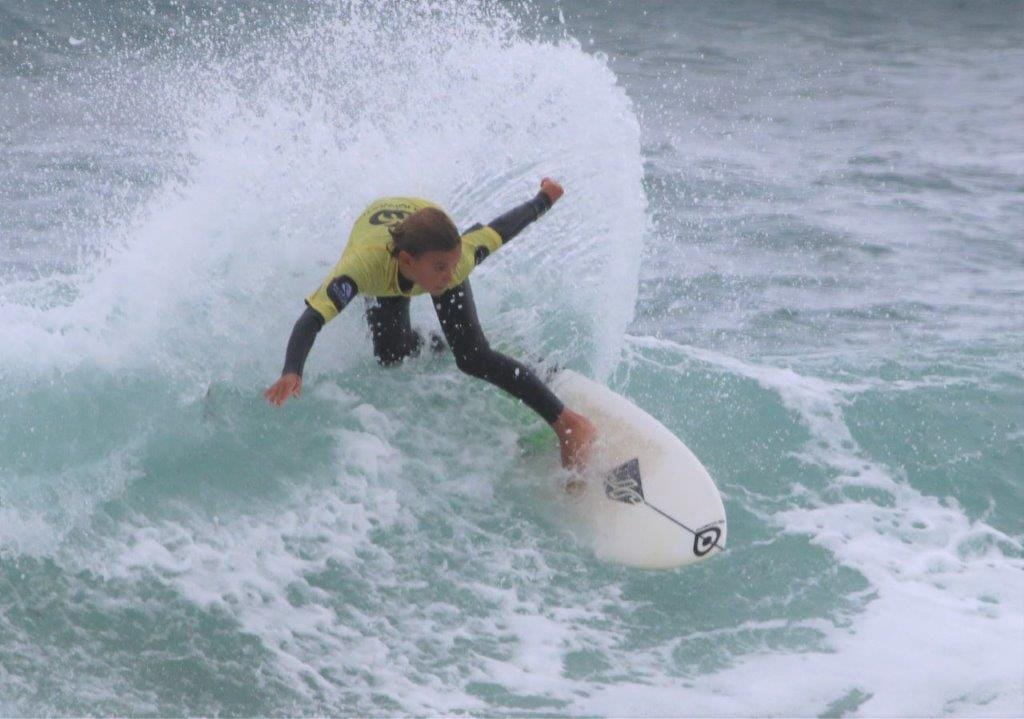 Under 14 Inverloch surfer, Dusty Rayner, grabbed this buzzer-beater wave to go through to the semi-finals in the Victorian junior titles.