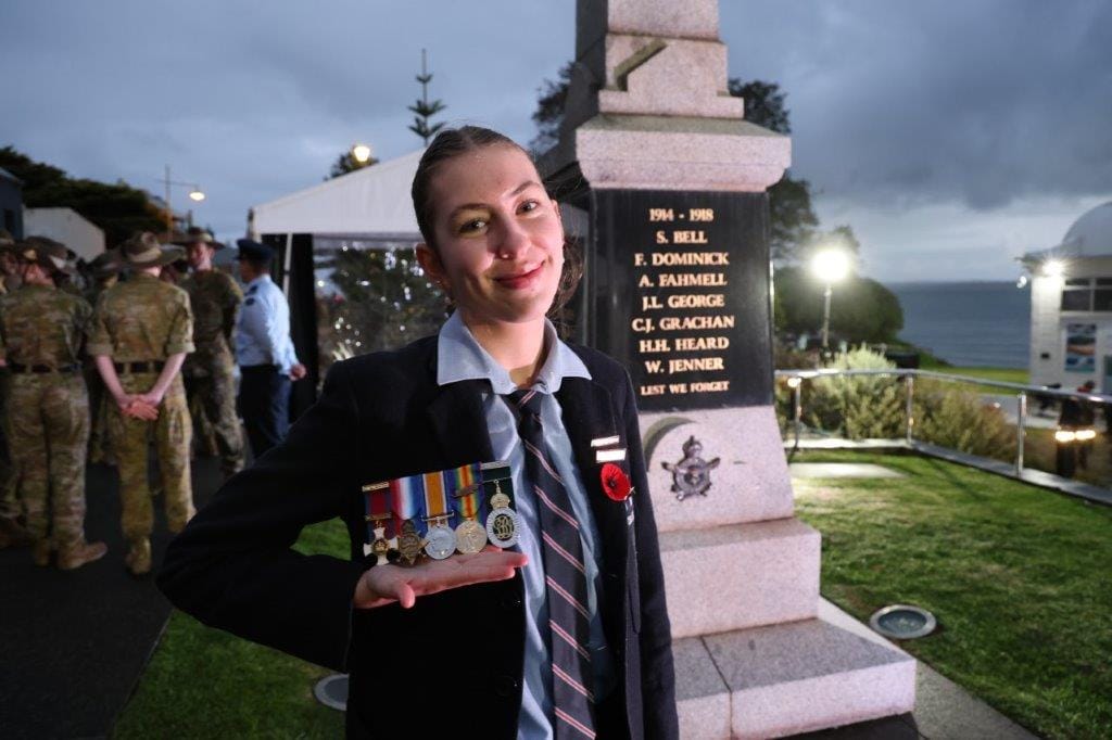 Newhaven College Captain Tahlia Williams dedicated her address at the Anzac Day dawn service in Cowes to her great great grandfather Lieutenant Colonel Dr Henry James Williams who served as a doctor from the first day in Gallipoli, until he was wounded, and then continued on until the end of the war in France. Tahlia wore Dr Williams' medals on the right side of her blazer.
