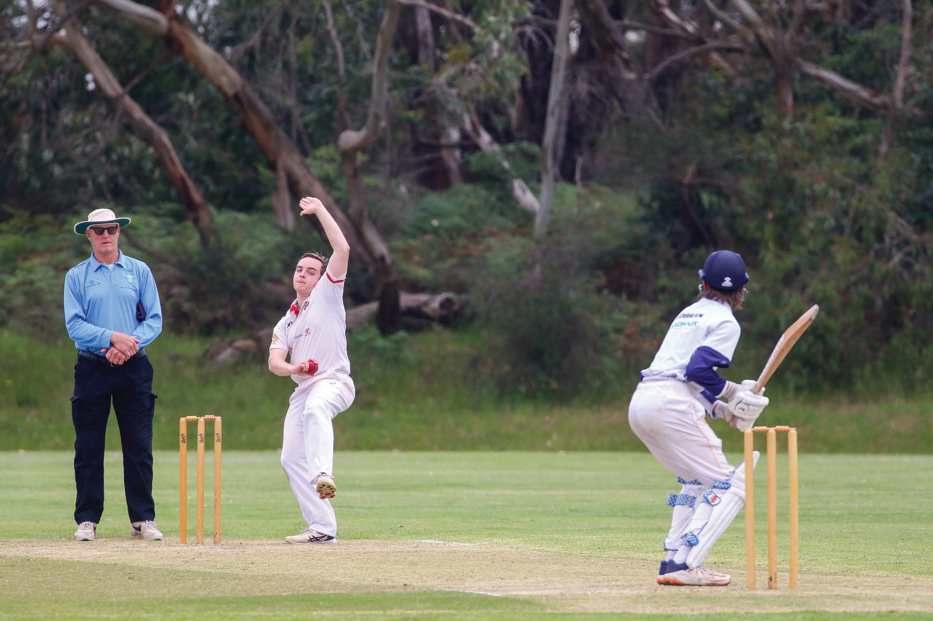 Inverloch bowler Jake Dennerley sends the ball toward Korumburra batsman Noah Christensen. 