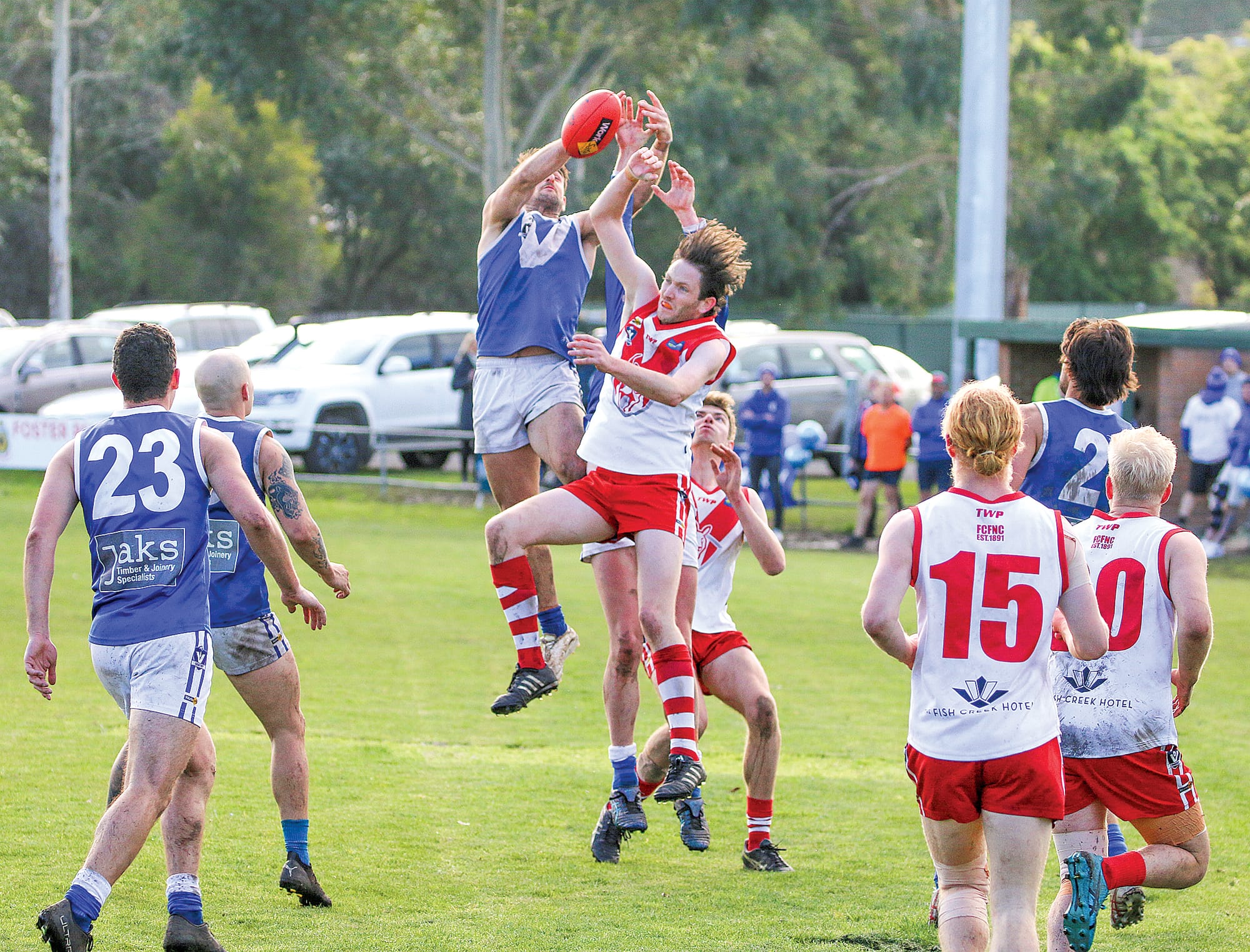 Fish Creek’s Jack Hayes in flight against Thorpdale in the Seniors preliminary final.