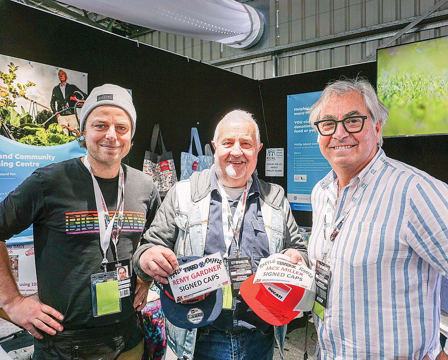 Phillip Island Community and Learning Centre manager Greg Thompson was raising funds with Tim Anders and Graeme Turner at the MotoGP.
