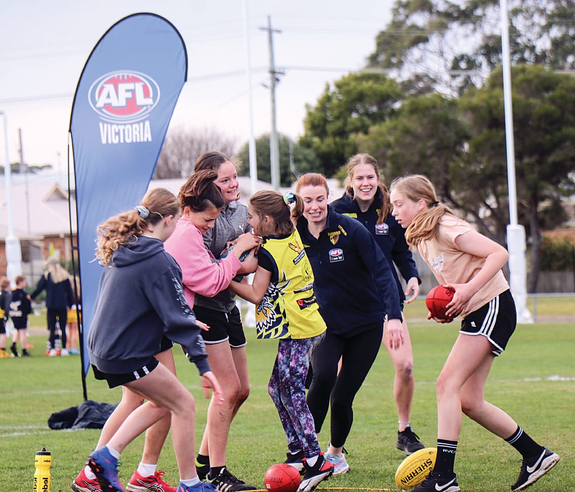  Boys and girls aged six to fourteen were invited to take part in the AFL Footy 4 Fun program at Inverloch recreation reserve, playing and meeting the AFLW Hawthorn team. Z18_3022