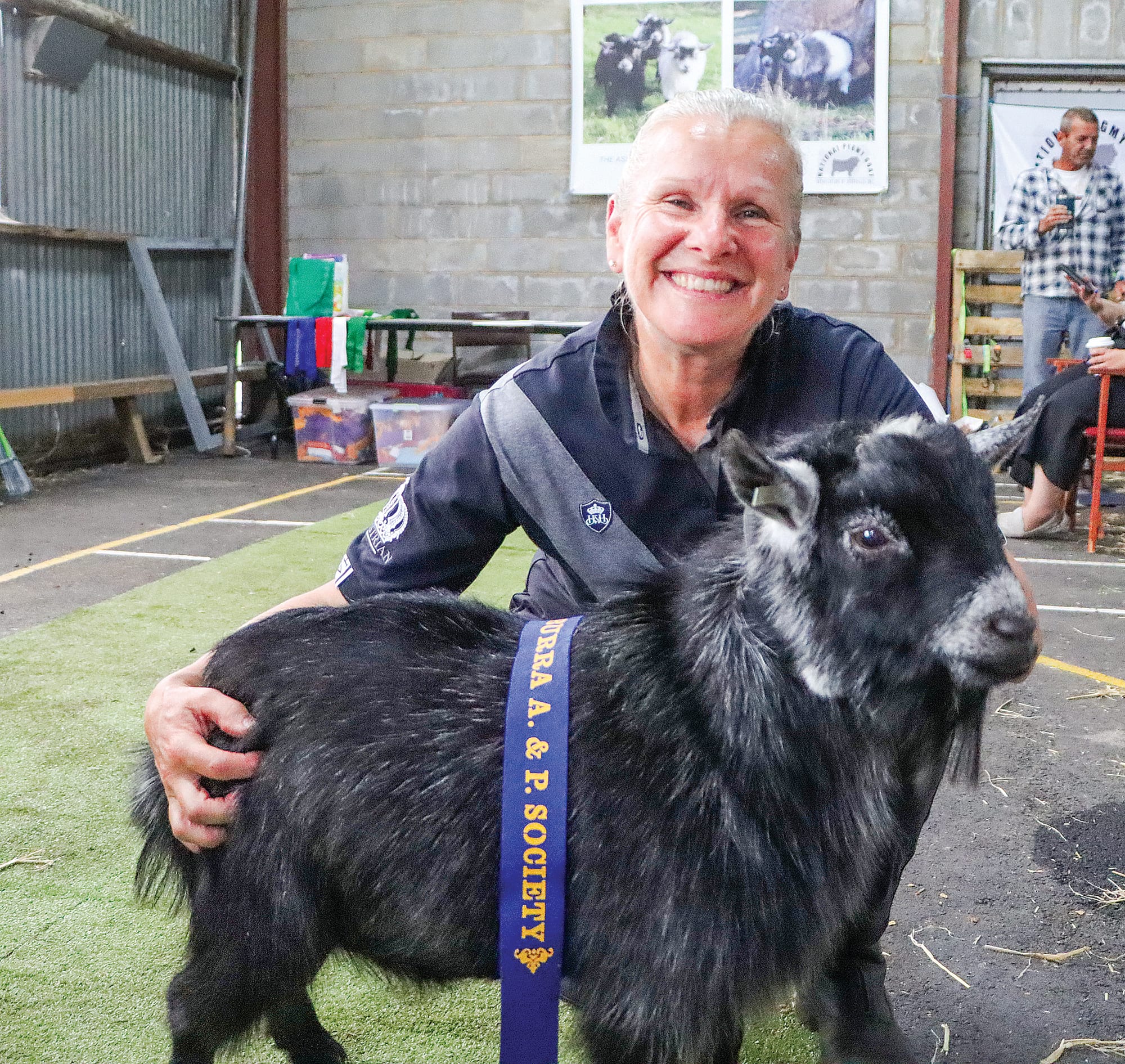 Organiser of the Pygmy Goat Show Trish Joyce of Lals Haven Goat Stud in Jumbunna enjoys success with ‘Patona Park Senator Smooch’, informally known as ‘Smoochie’. A32_0625