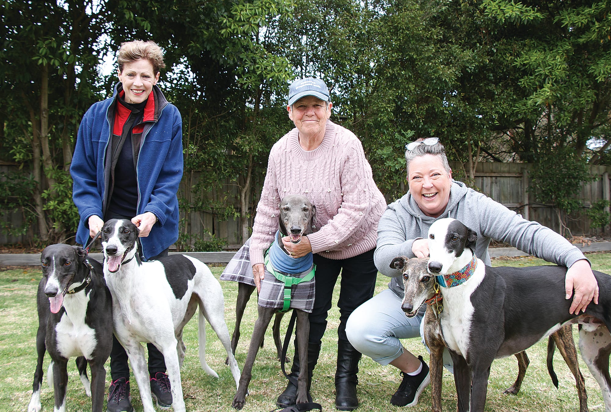Gippsland greyhound walkers Carolyn Handley from Bena with Glenda Conlan and Sharon Kraehenbuehl of Inverloch. B17_3924