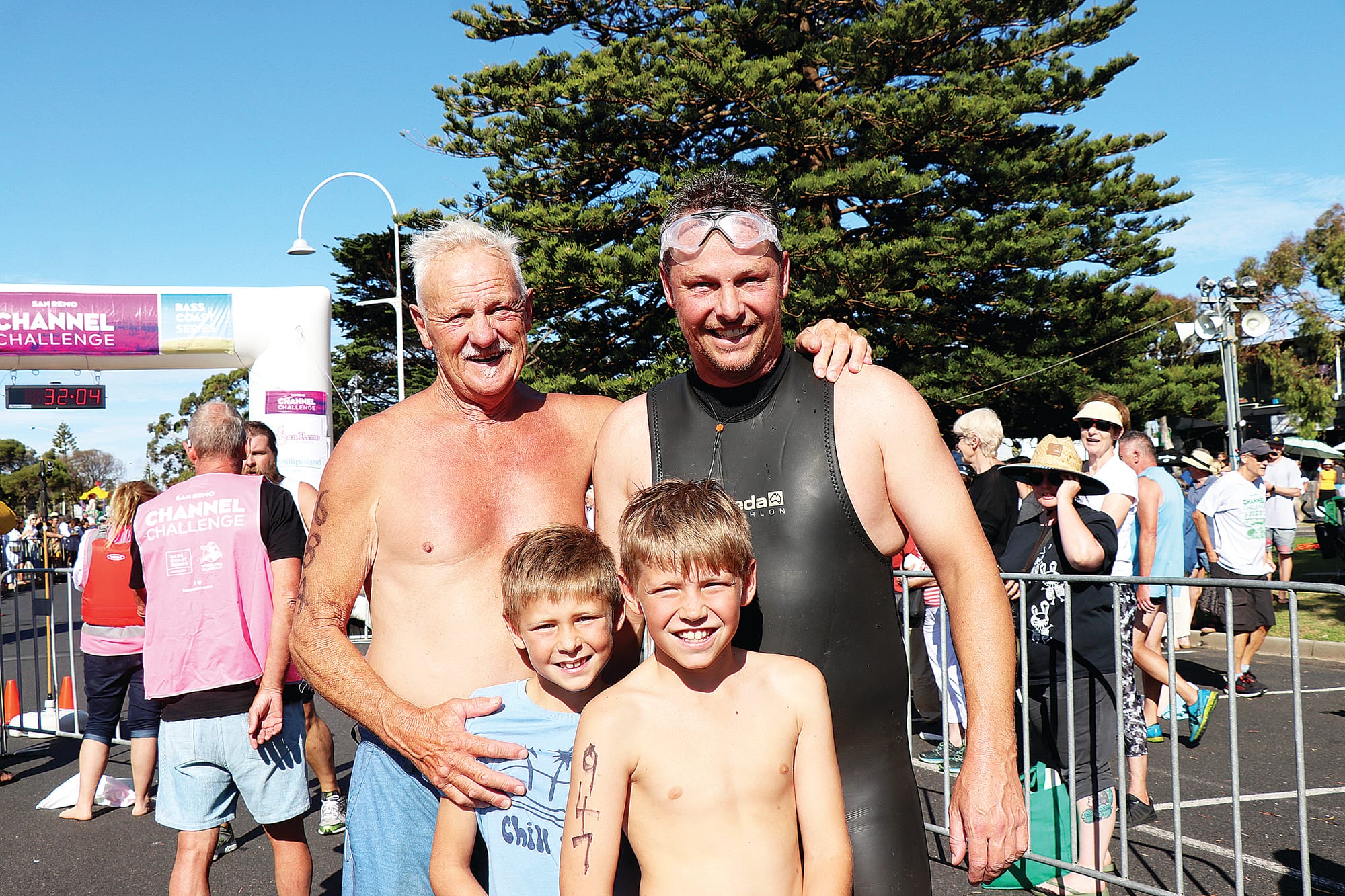 Brian Dallinger and his son, Chris, with two grandsons. Brian has now completed all 37 Channel Challenge events with the first one being in 1986. Z18_1123