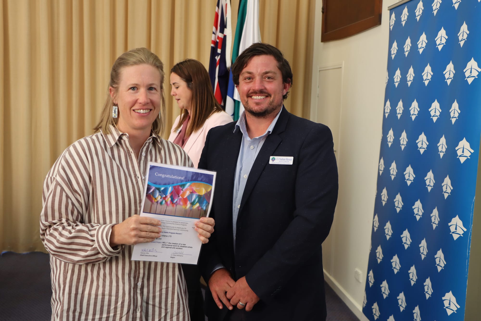 Samara Cunningham of (it's no) drama with Cr Nathan Hersey.