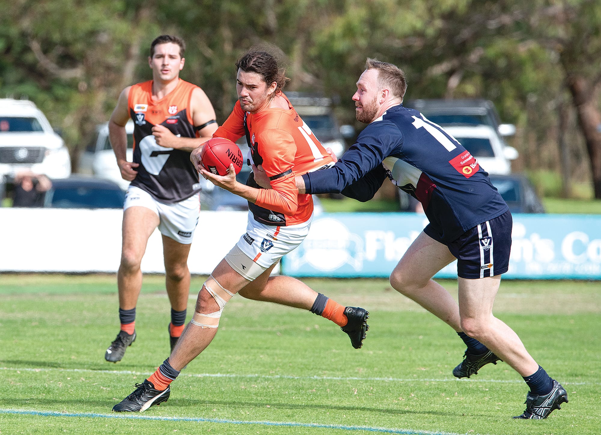 Dale Gawley attempted a tackle on Korumburra-Bena’s Tyler Newton at Bass Recreation Reserve.