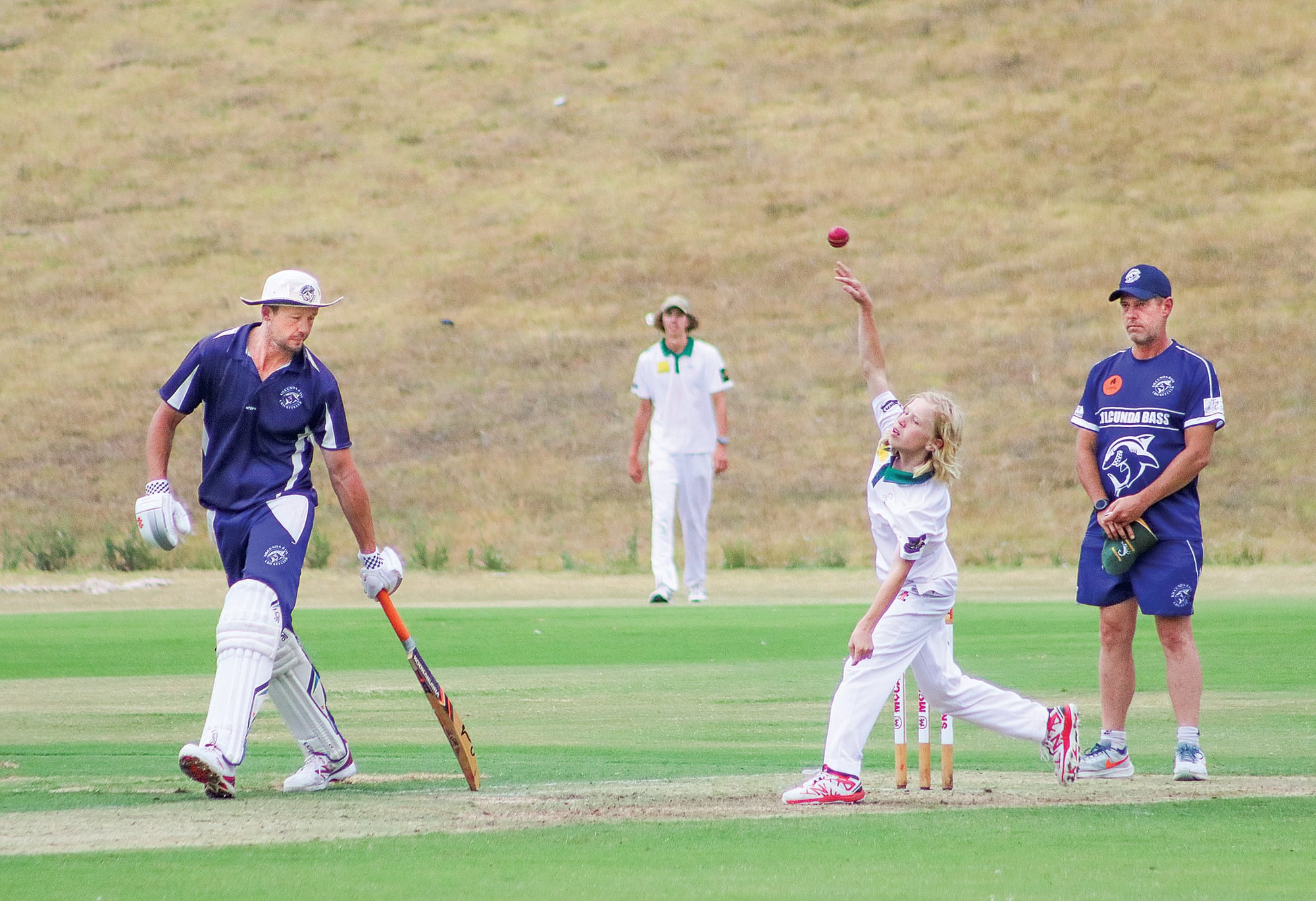 Leg spinner Ethan Smith delivers during his excellent performance for Leongatha Town against Kilcunda Bass. A23_0923
