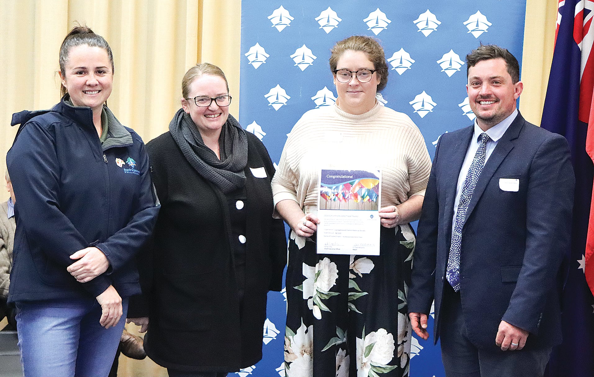 Olivia Skillern and Kellie Smith are pleased to accept $2000 towards the Leongatha & District Historical Society’s kitchen project, with Mayor Clare Williams and Cr Nathan Hersey. A03_3124
