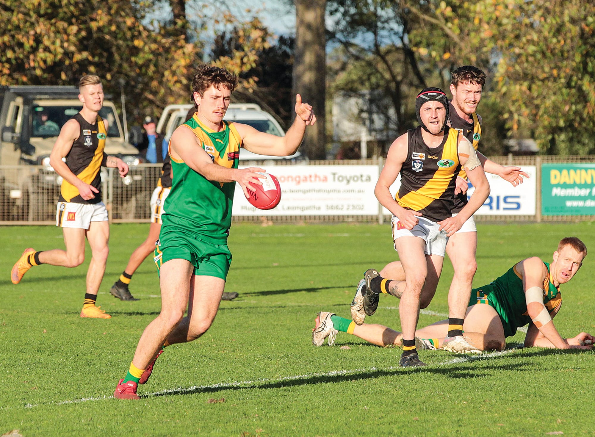 Leongatha’s Mason McGannon gets into the clear during a strong showing by him against Morwell.