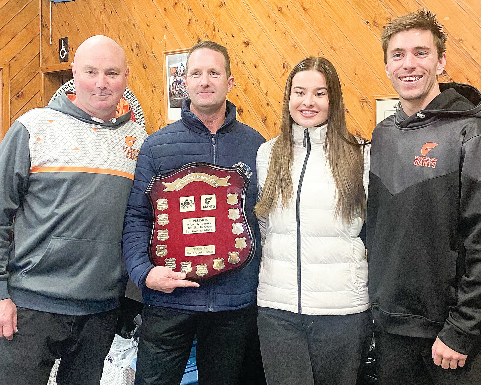 Gus James’ daughter Jazzy James presented Kilcunda Bass with the Gus James Memorial Shield on Saturday. 