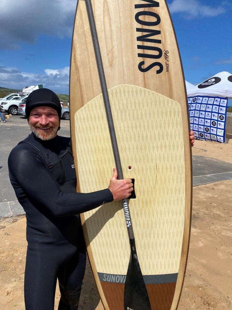 Marty Cole of Crescent Head NSW won the Over 40s short board (SUP) Australian title at Woolamai Beach on Saturday.