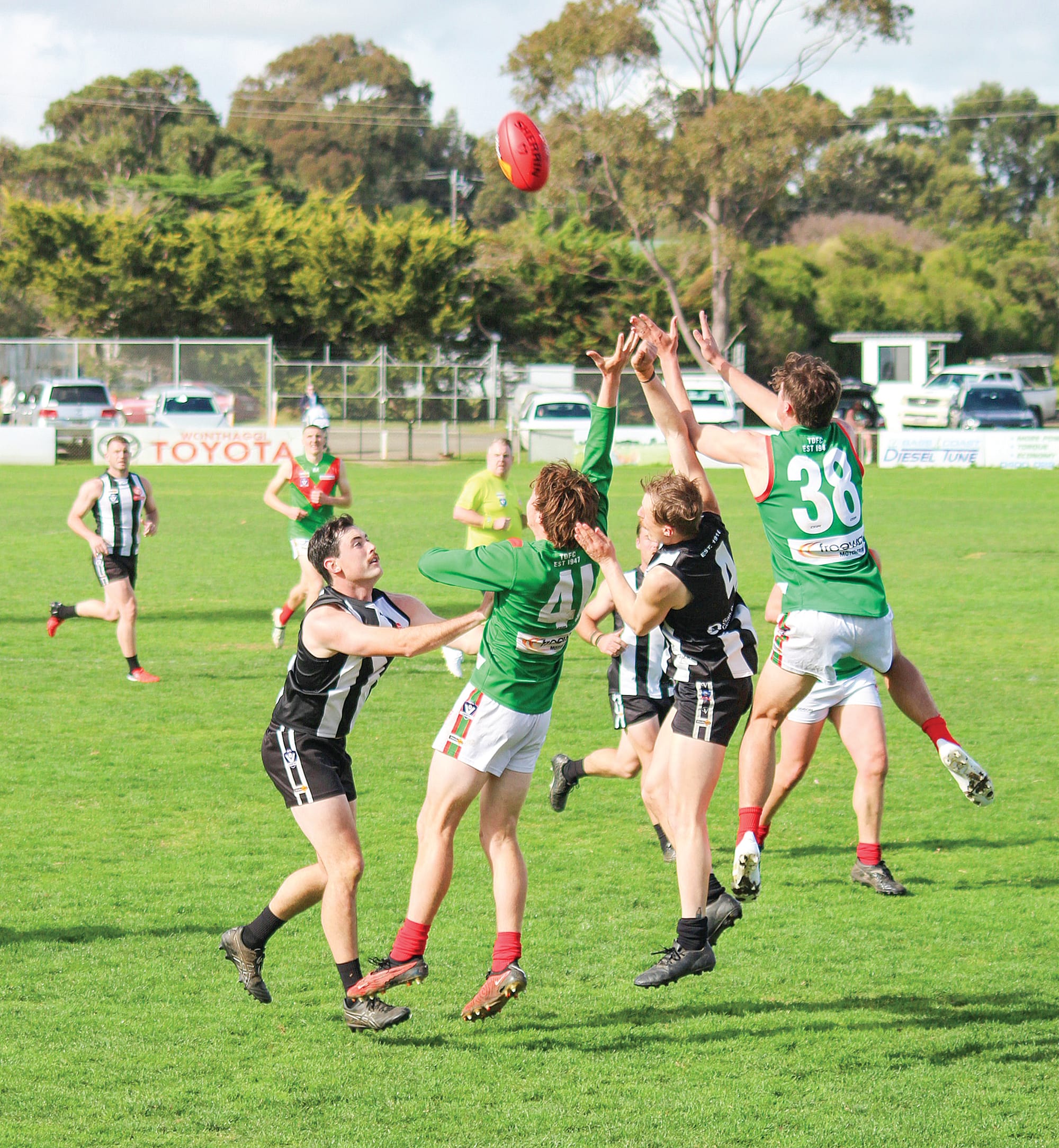 Anyone’s mark as Dalyston and Tooradin-Dalmore leap for the Sherrin. Photo: Michelle Chisholm.