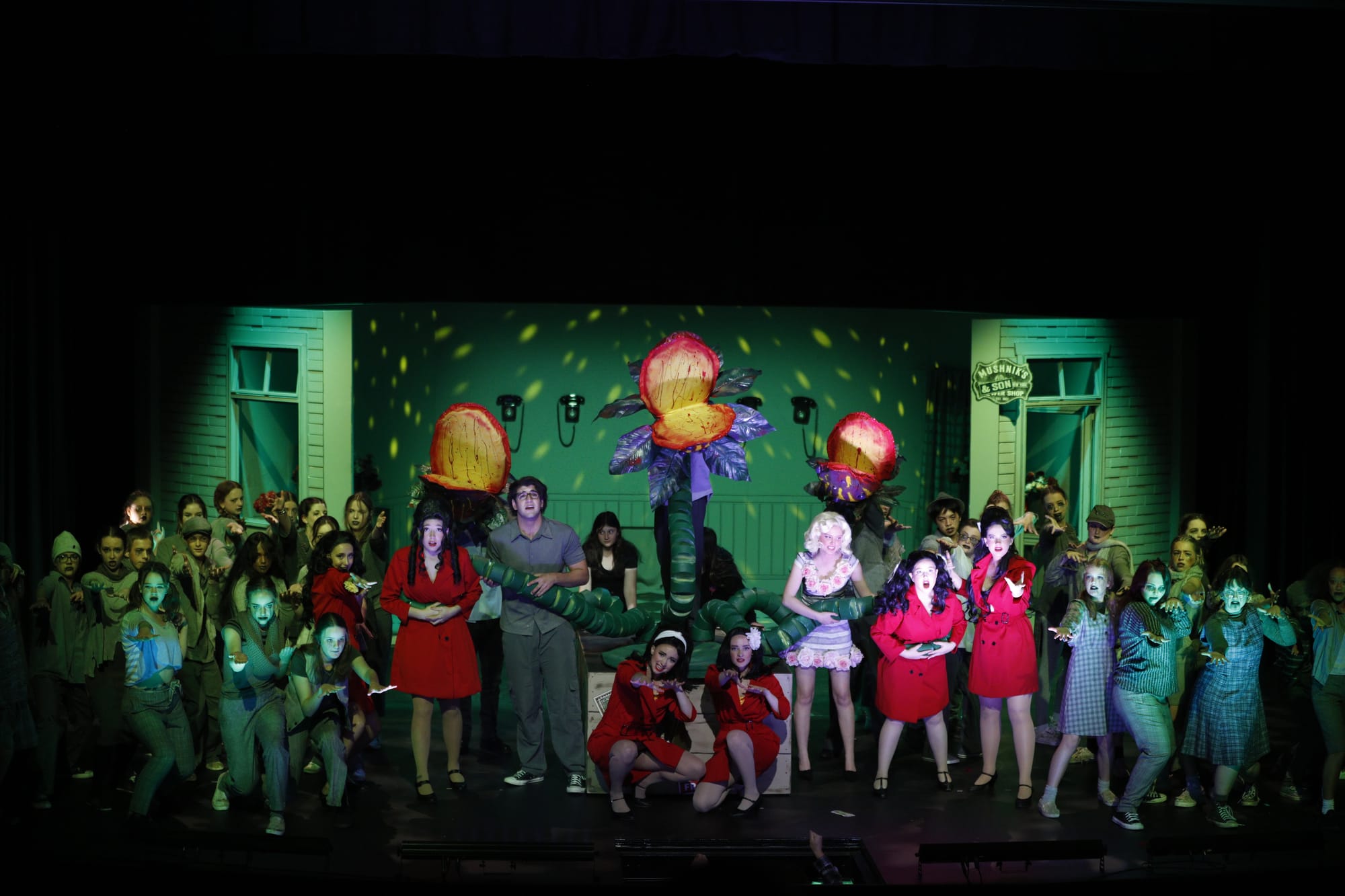 The closing scene of the show, with Audrey II in full bloom and entire ensemble cast. Photo: Leo Edwards
