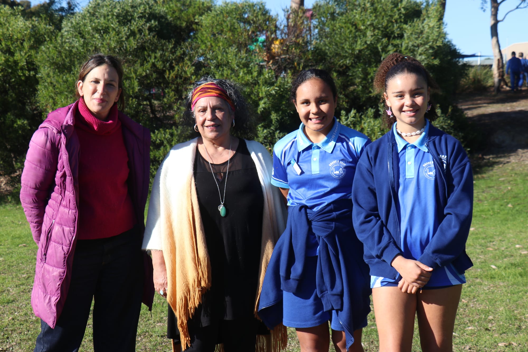 Wonthaggi North Primary School Captains Amia Titimanu and Tiala Wright welcome Bass MP Jordan Crugnale and Aunty Melissa McDevitt from Bunurong Land Council for Reconciliation Week. 