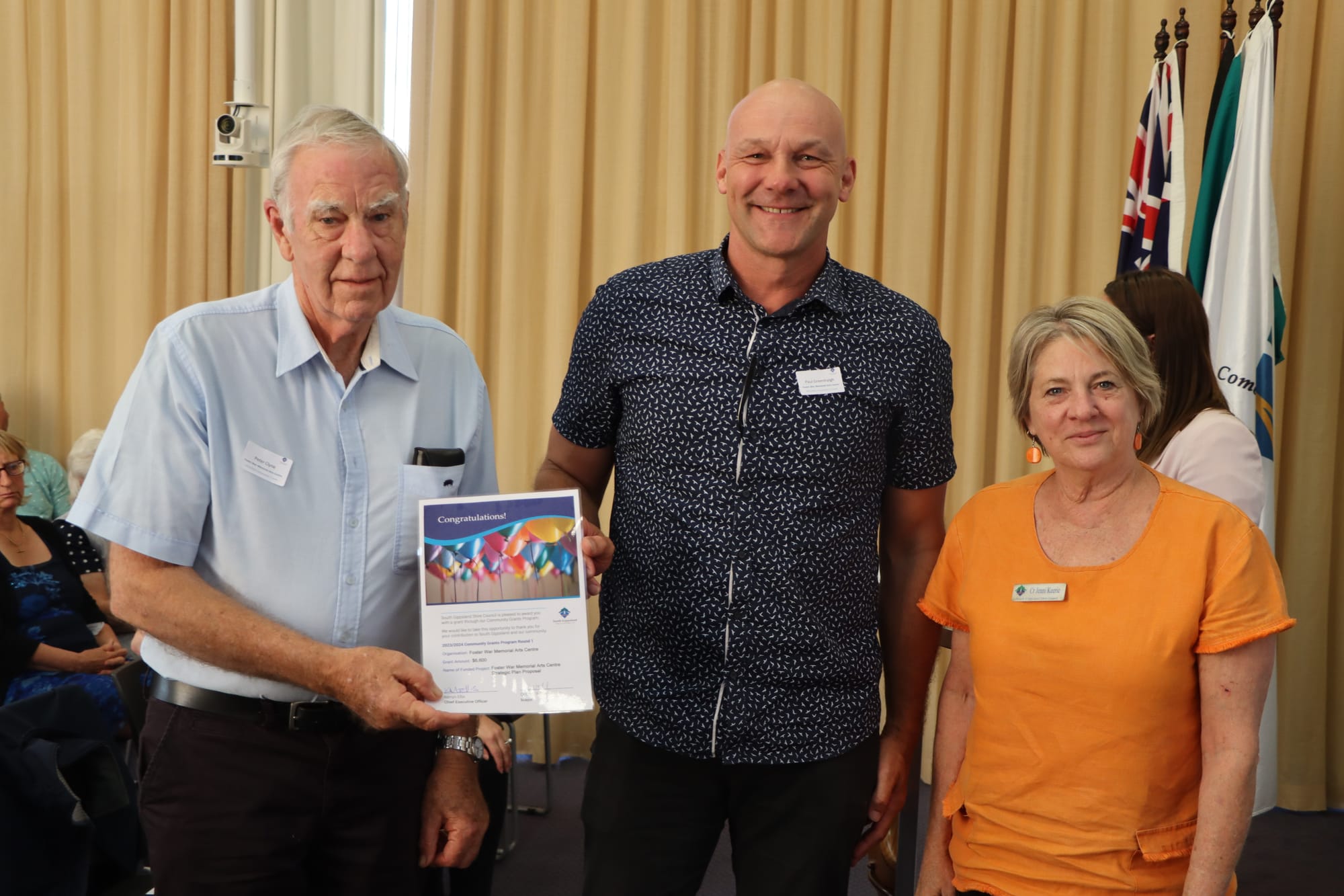 Peter Clyne and Paul Greenhalgh of Foster War Memorial Arts Centre with Cr Jenni Keerie.