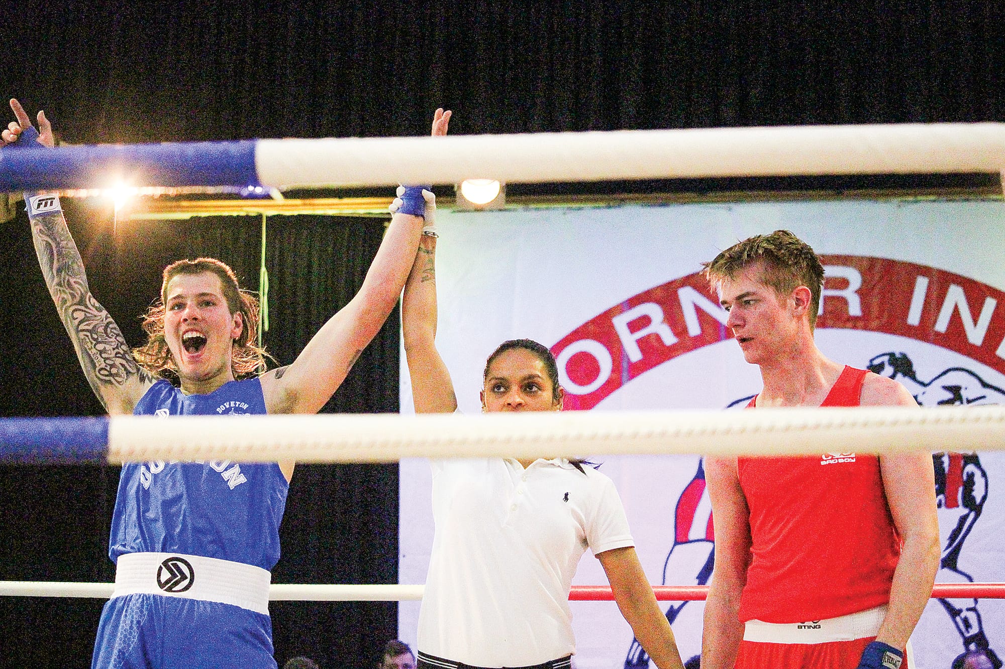 Jason Vlug of Doveton Boxing Club celebrates after defeating Corner Inlet Boxing’s Alex Jones. B03_4222