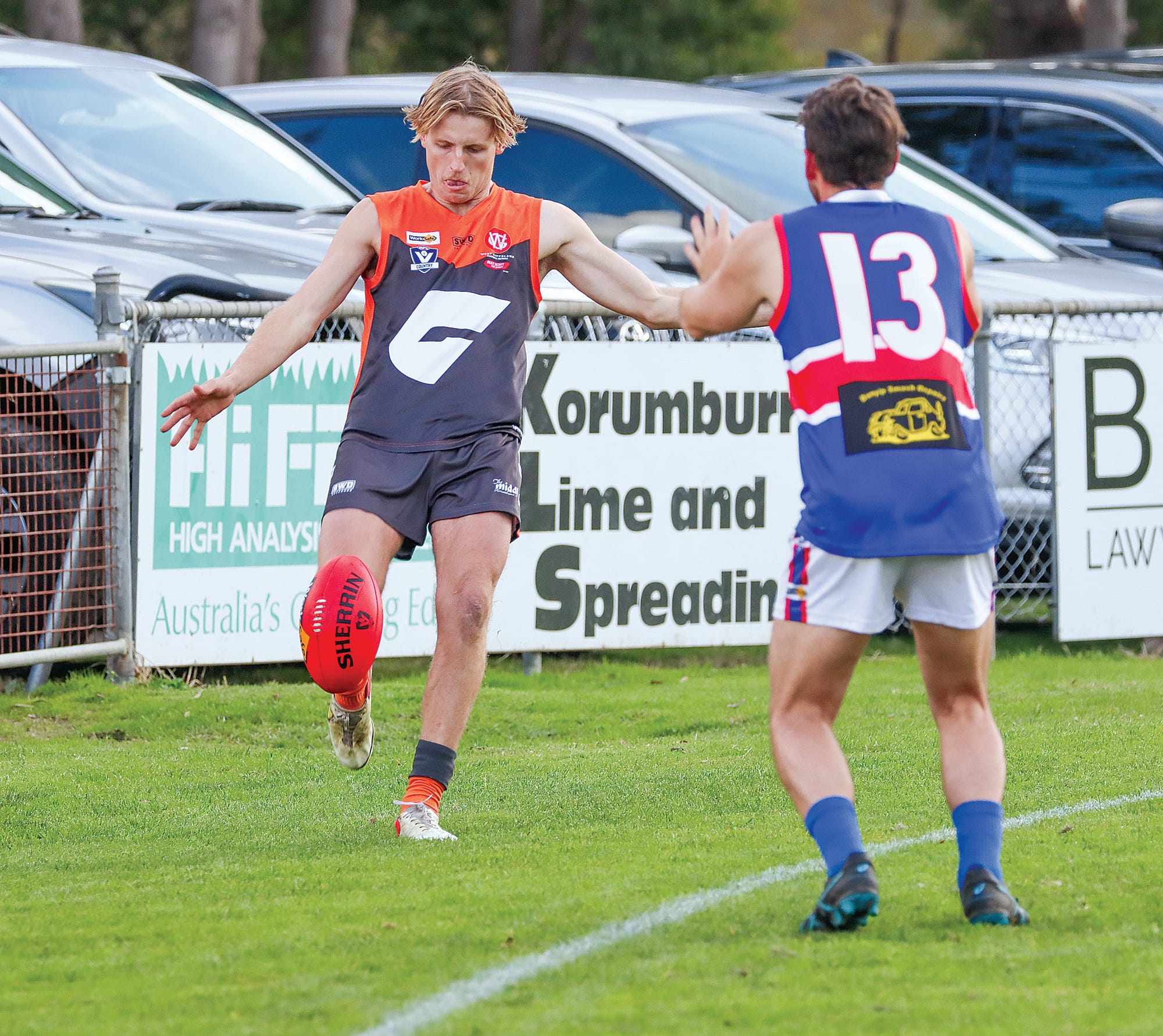 Giant Tom Crocker goals from a seemingly impossible position during Korumburra’s win over Bunyip, finishing with three majors. A38_2224