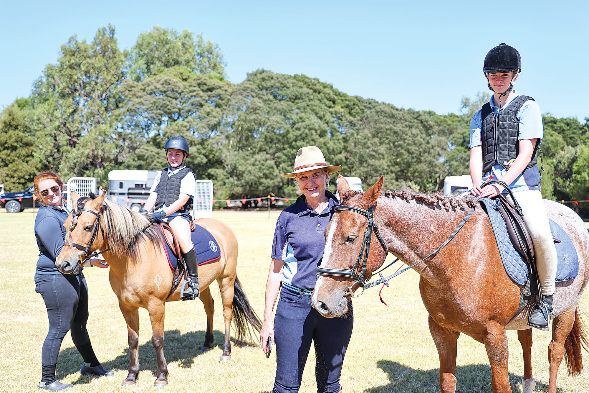 Not many schools across Australia are able to offer a full equestrian program but thanks to the size of the Newhaven College grounds, is part of the curriculum. Grace Bailey on Zeke and Mabel Richardson on Leo get some expert tuition from Amanda Price and Amy Smith at the college’s open day last Saturday.
