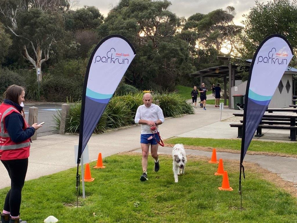 Gary Hammett of Inverloch with ‘Angus’ the dog was left to lament missing out on a personal best when Angus stopped to do his jobs along the way.