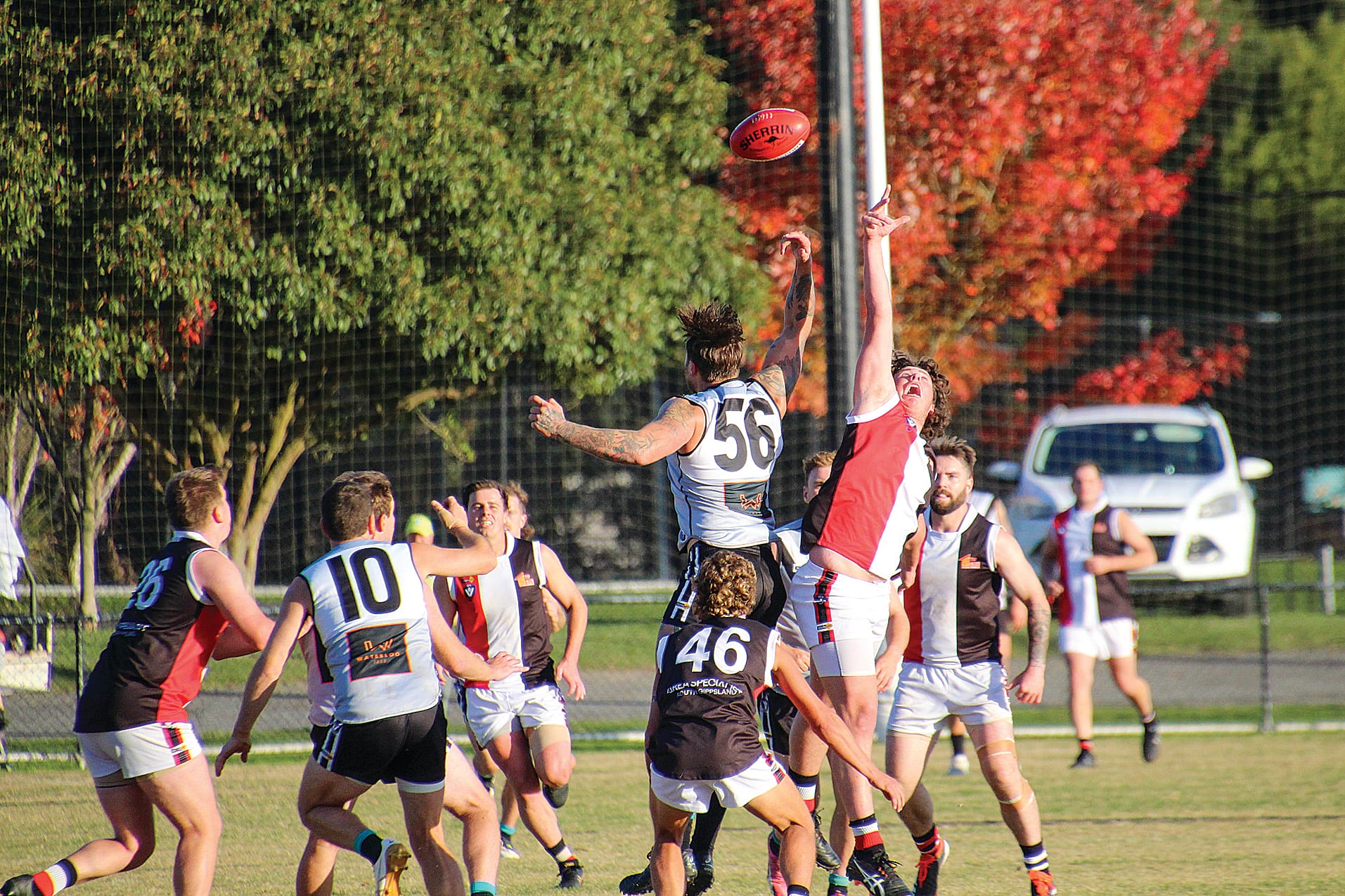 Lucas Lee boots Nyora forwards against Yarragon.