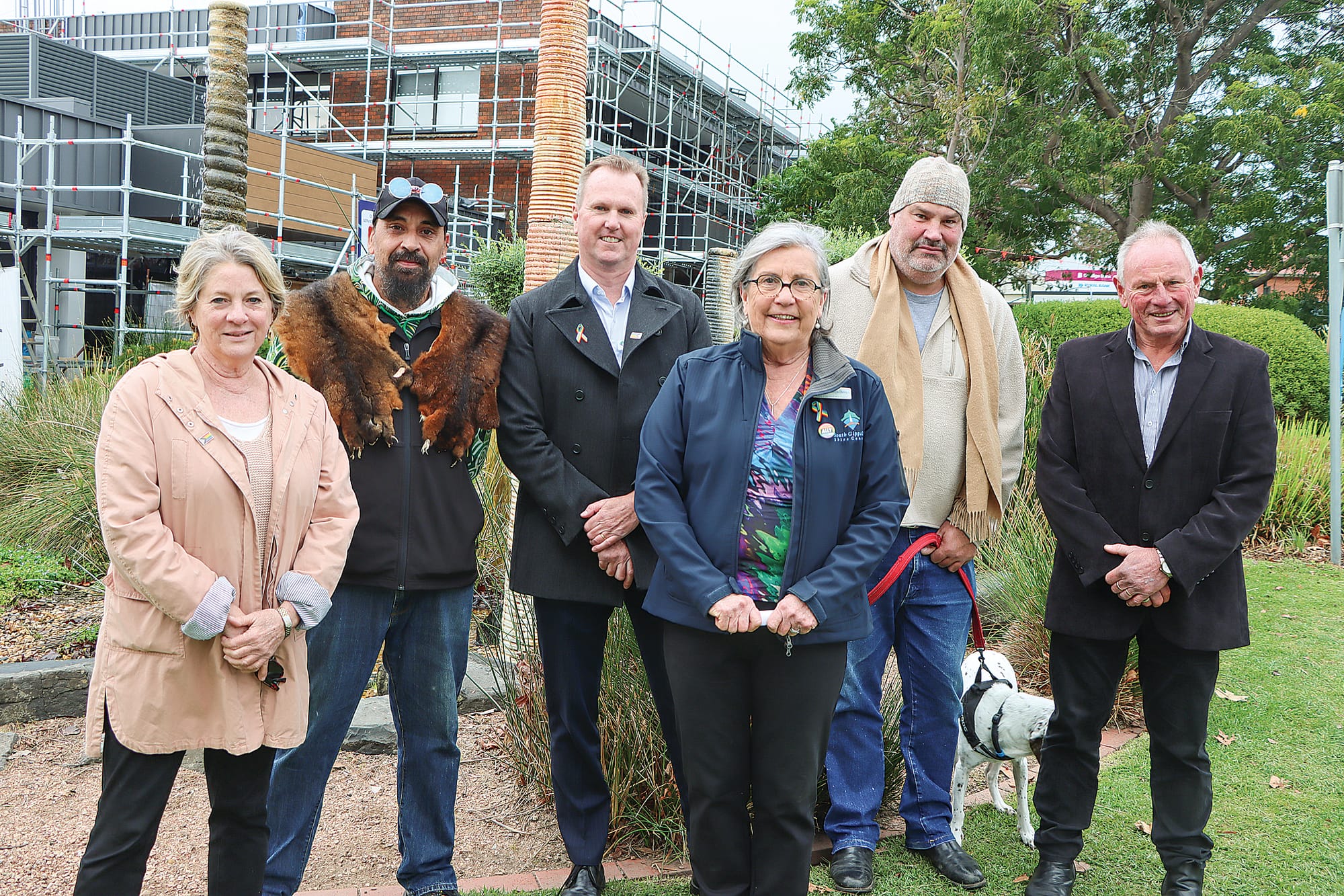Cr Jenni Keerie, Mark Brown, Tony Peterson and councillors Mohya Davies, Scott Rae and John Schelling embrace IDAHOBIT near council’s Leongatha office.