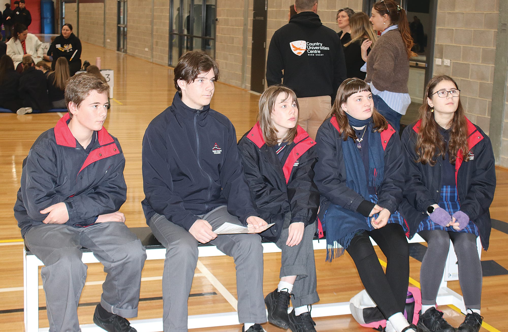 Students Jett Millen, Jaidon McLean, Mikayla McGuirk, Macey Hodson and Kyra Molesworth listen closely to their guest speaker during a speed career session. W06_3125