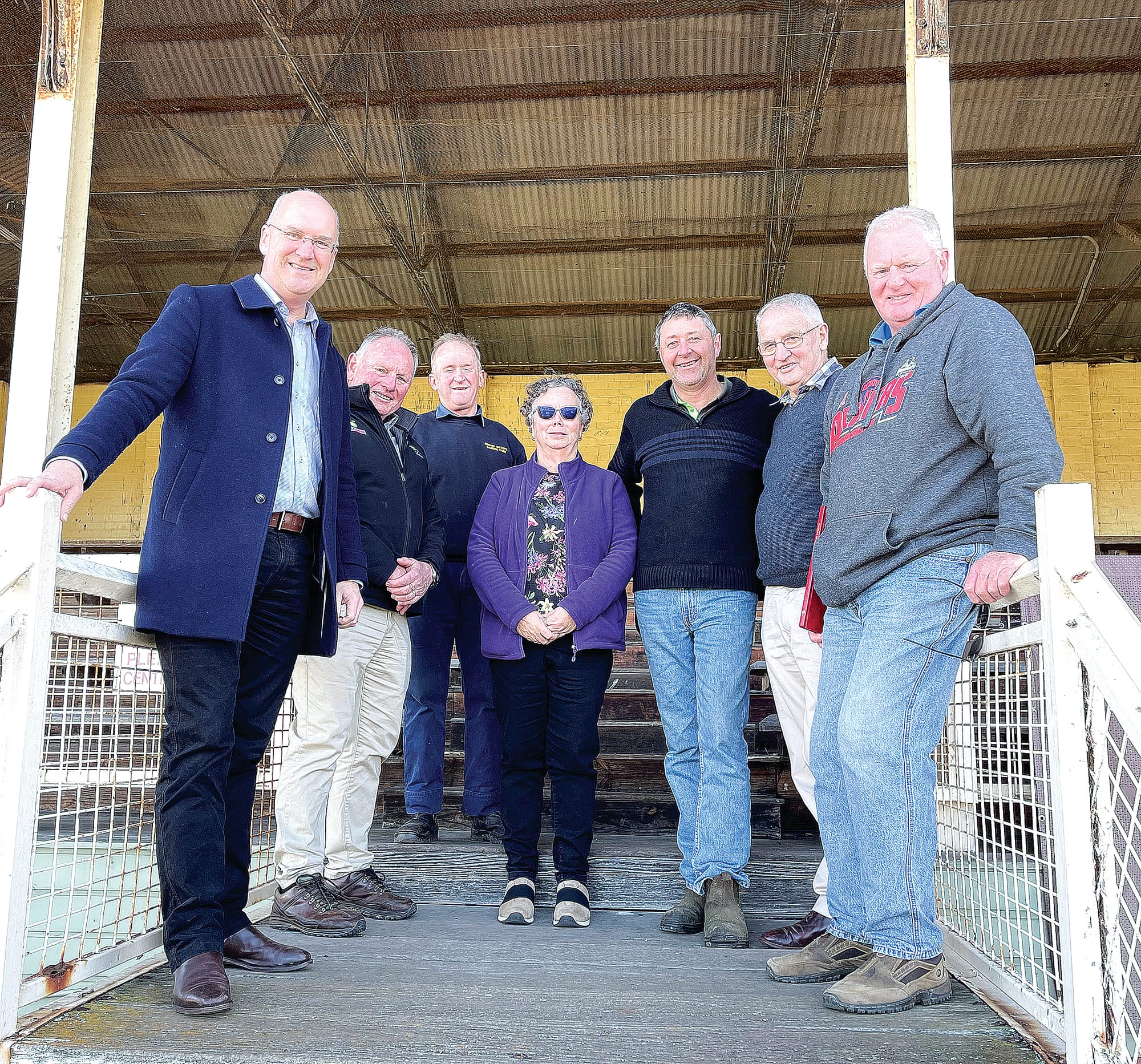 Member for Gippsland South, Danny O’Brien with Cr John Schelling and members of the Leongatha Recreation Reserve Committee of Management, including Graeme Winkler on the right, in the old grandstand.