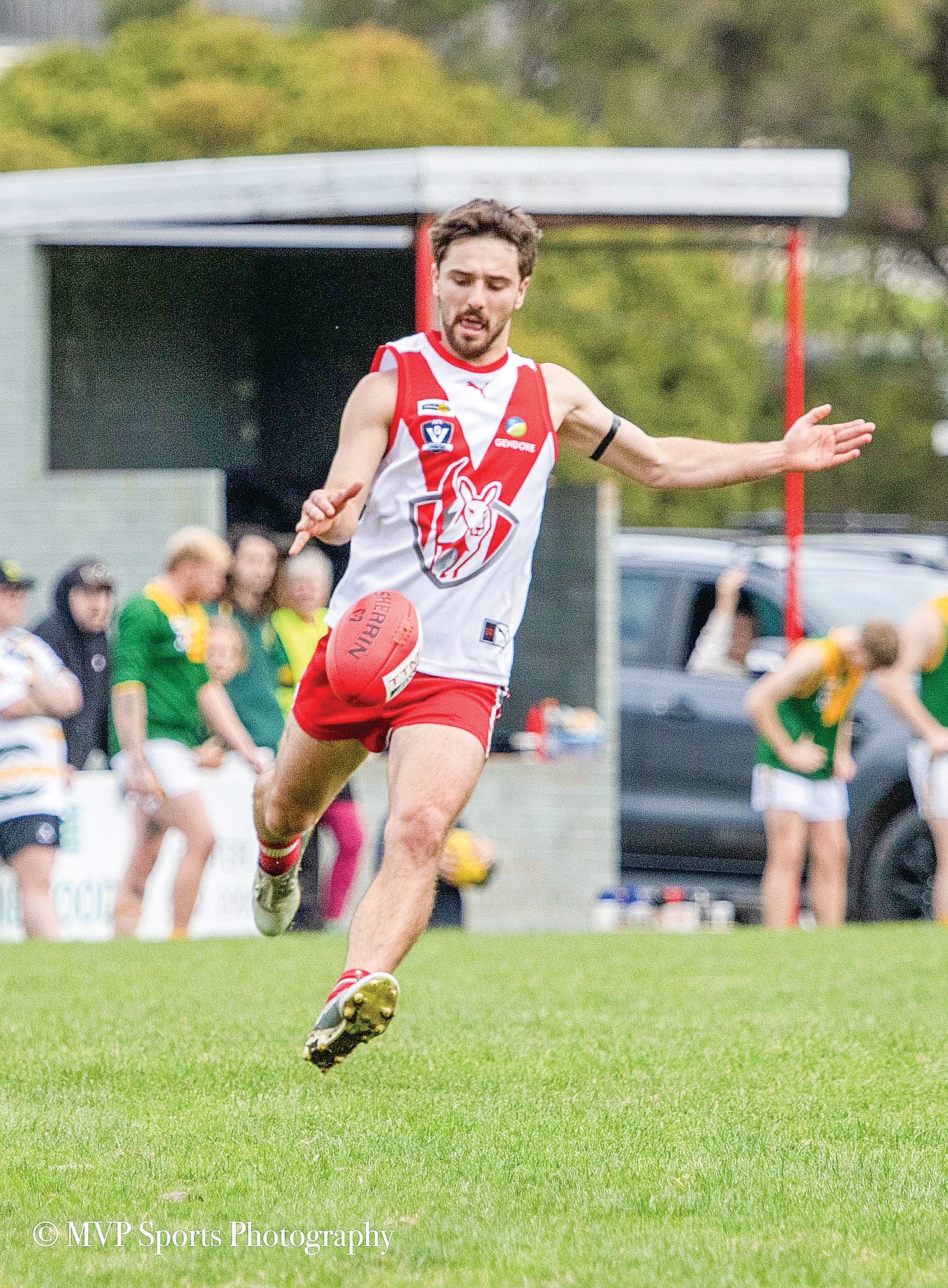 Sam McGannon lines up a goal. 
