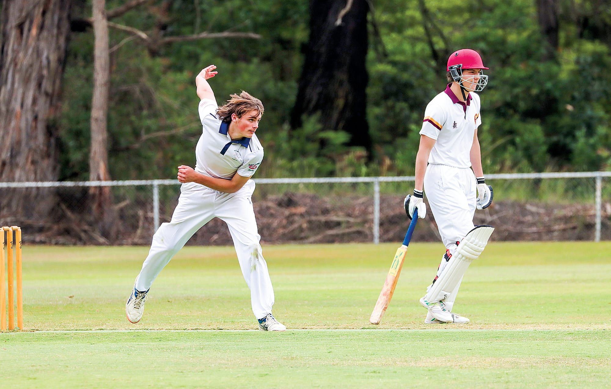 Tim Niven follows through after sending down a successful delivery for Phillip Island, taking 4/41 and conceding just 2.64 per over, helping dismiss OMK. A25_4624